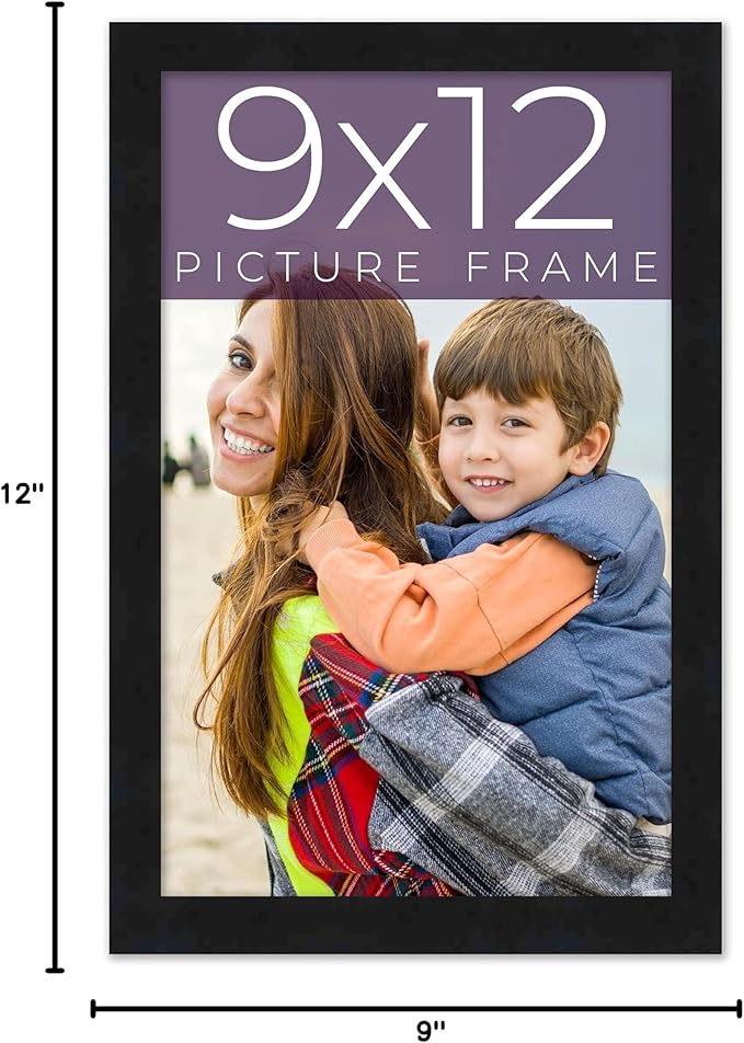 9x12 Frame Black Real Wood Picture Frame Width 0.75 Inches | Interior Frame Depth 0.5 Inches | Black Mid Century Photo Frame Complete with UV Acrylic, Foam Board Backing & Hanging Hardware