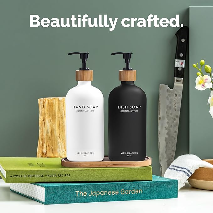 Vine Creations Glass Soap Dispenser Set, Hand Soap and Dish Soap Dispenser Set with Bamboo Tray, 16 oz Glass Dispensers Bottle for Kitchen and Bathroom Decor Modern Boho with Bamboo Pump (Black/White)