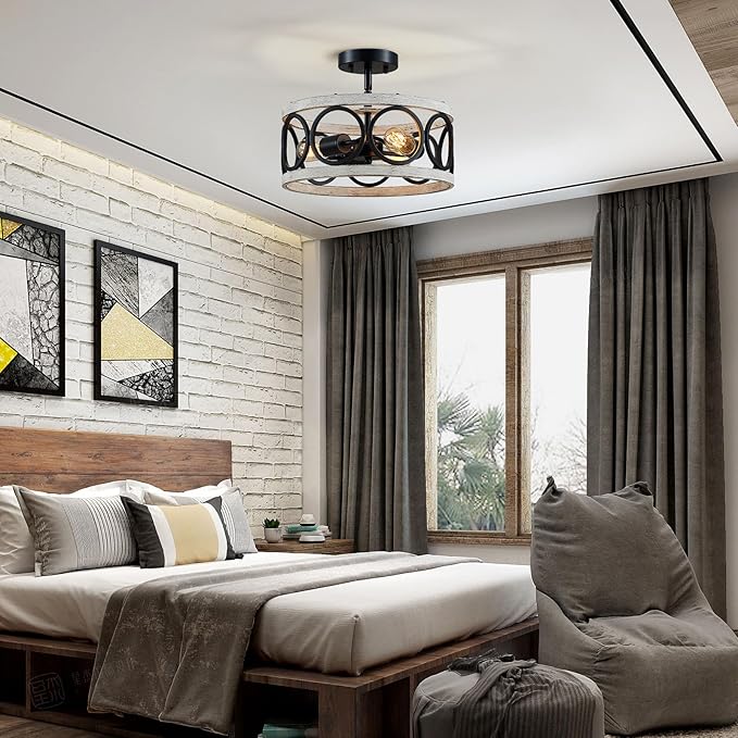 XINGQI Modern Farmhouse Ceiling Light Drum 3-Light Farmhouse Ceiling Lighting Fixture White Wood Grain Finish Semi Flush Mount Ceiling Lights 13” Metal Round Ceiling Lamp for Bedroom Entryway