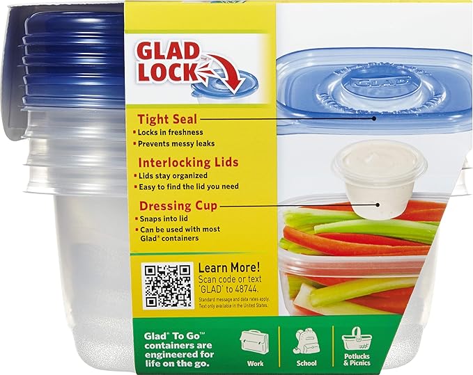 GladWare To Go Snack Food Storage Containers, Medium Rectangle Holds 24 Ounces of Food, 4 Count Set | Tupperware, Plastic Food Container, Meal Prep Container, Plastic Containers with Lids