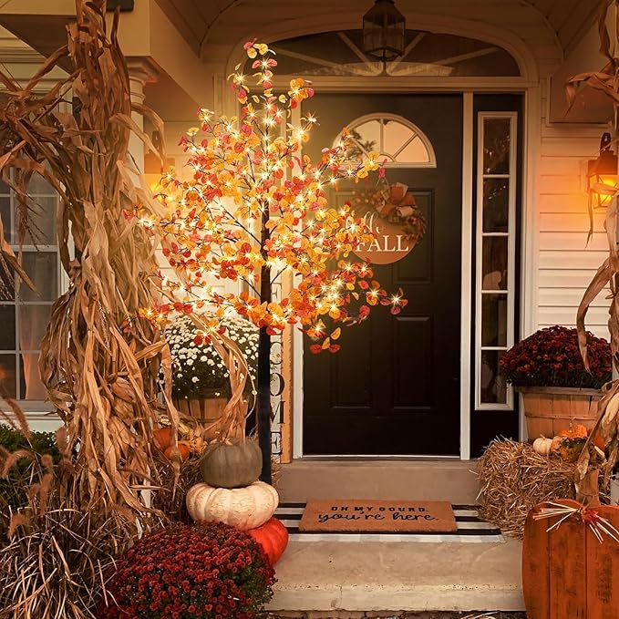 Agusbagli 6FT 240LED Lighted Eucalyptus Tree - Artificial Fall Tree with 575 Leaves, Timer, 8 Mode Lights - Home Indoor Outdoor Thanksgiving Decor