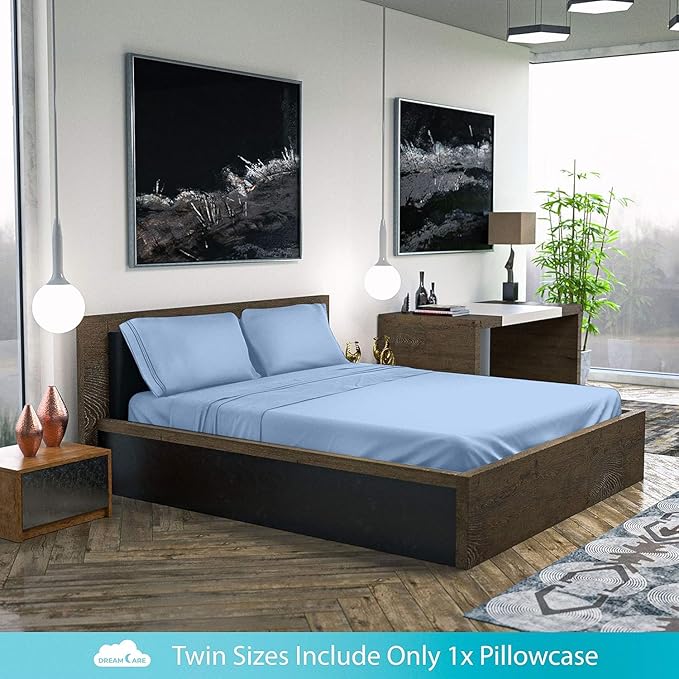 DREAMCARE Twin Sheets - 3pcs Cooling Sheets – up to 21” Extra Deep Pocket Twin Bed Sheets - Twin Sheet Set - Bed Sheets Twin - Soft & Long Lasting 100% Fine Brushed Polyester with Side Pocket - L Blue