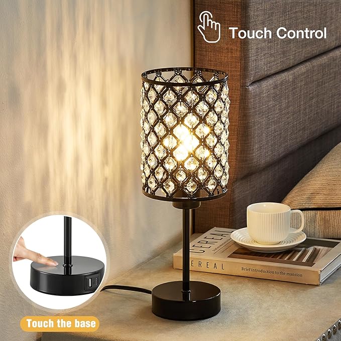 GyroVu Crystal Table Lamp, Black Lamp for Bedroom Nightstand with USB C+A Ports, 3 Way Dimmable Touch Lamp with Crystal Shade, Bedside Lamp Small Lamp for Bedroom, Living Room, Office (Buld Included)