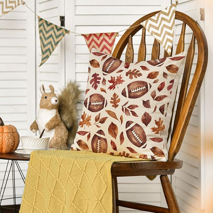 AVOIN colorlife Fall Football Maple Leaves Throw Pillow Cover 18x18 Inch, Seasonal Autumn Thanksgiving Harvest Cushion Case Decoration for Sofa Couch