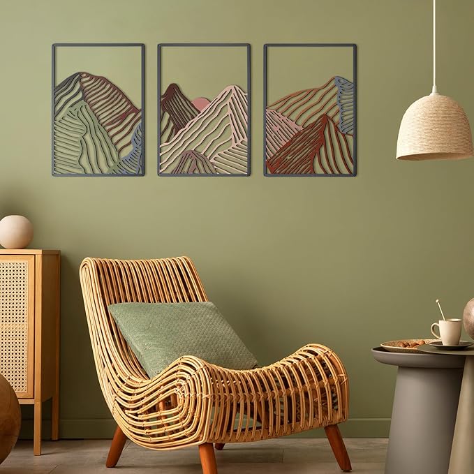 Peryiter 3 Pcs Metal Wall Art Decor Landscape Mountain Wall Hanging Decor for Living Room Abstract Minimalist Modern Mountain Line Pictures Summer Bathroom Office Home Gifts Indoor(Colorful)