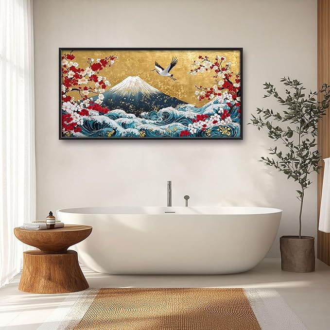 Japanese Large Wall Art for Living Room, Fuji Mountain Oversized Wall Decor Pictures, Ocean Wave Framed Canvas Print Painting, Vintage Artwork for Bedroom Office Home Decor 60"x30"