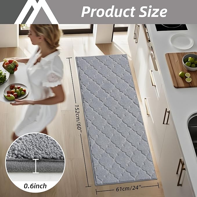 COSY HOMEER-Kitchen-Rugs-Non-Slip-Washable 24"x60" Absorbent Kitchen Runner Rug Polyester Kitchen Mats for Floor Soft Standing Floor Mats for Sink Mat,Hallway,Laundry,Grey