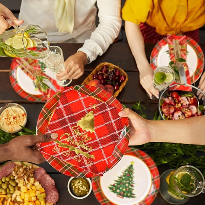 Gatherfun Christmas Party Supplies Christmas Tree Red Plaid Disposable Paper Dinner Plates Dessert Plates and Napkins for Party decorations, Serve 50