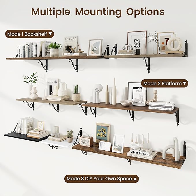 RICHFOCUS 12 Inch Deep Floating Shelves for Wall, 36" W x 12" D Wood Wall Shelves Set of 2, Wide Floating Shelves for Living Room, Bedroom, Kitchen, Bathroom and Decor Storage, Walnut