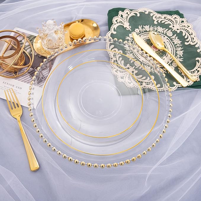 Nervure 100 Pieces Clear and Gold Plastic Plates - 10.25inch Gold Dinner Plate - Heavyweight Clear Disposable Plates Ideal for Party & Wedding & Thanksgiving