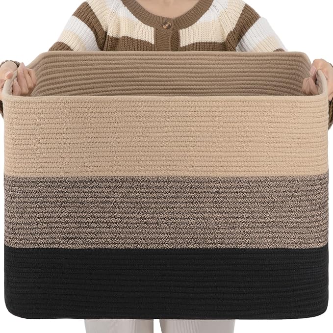 OIAHOMY 108L Large Cotton Rope Basket, Rectangle Woven Baskets for Storage, Nursery Blanket Storage Living Room, Toy Basket With Handle-25”x16”x16”-Yellow Black