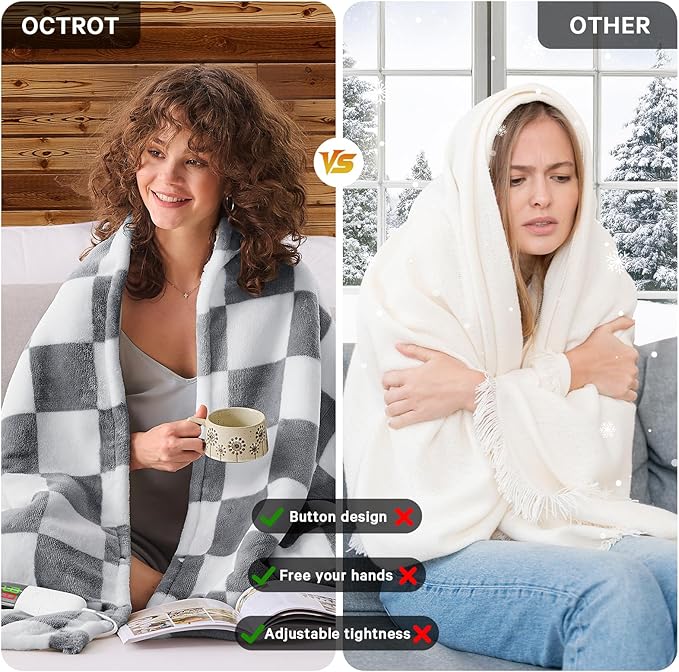 Heated Electric Blanket Twin Size, 62X84 Heating Blanket with 10 Heat Level & 8 Hours Auto Off, Light Gray Checkered Plaid Soft Fleece Sherpa Blankets Warmer Gifts for Couch Grandma Women Adults, ETL