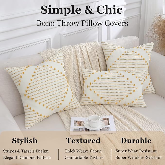 Mecatny Boho Outdoor Throw Pillow Covers 20X20 Set of 2, Farmhouse Decorative Pillow Covers for Couch Sofa Living Room, Yellow & White