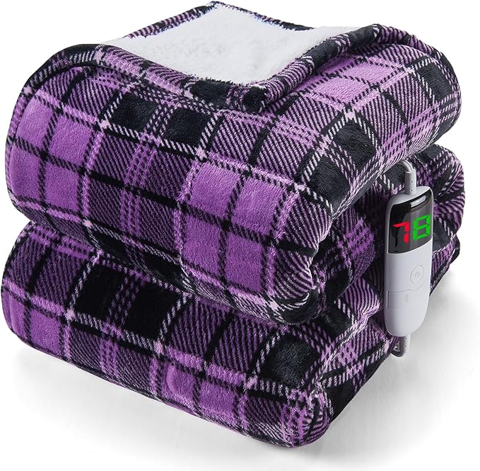 Heated Blanket Electric Full Size 72X84, Heating Throw with 10 Heating Levels & 8 Hours Auto Off, Checkered Plaid Sherpa Blanket Warmer for Adults, Fast Heat and Washable, ETL & FCC, in Purple