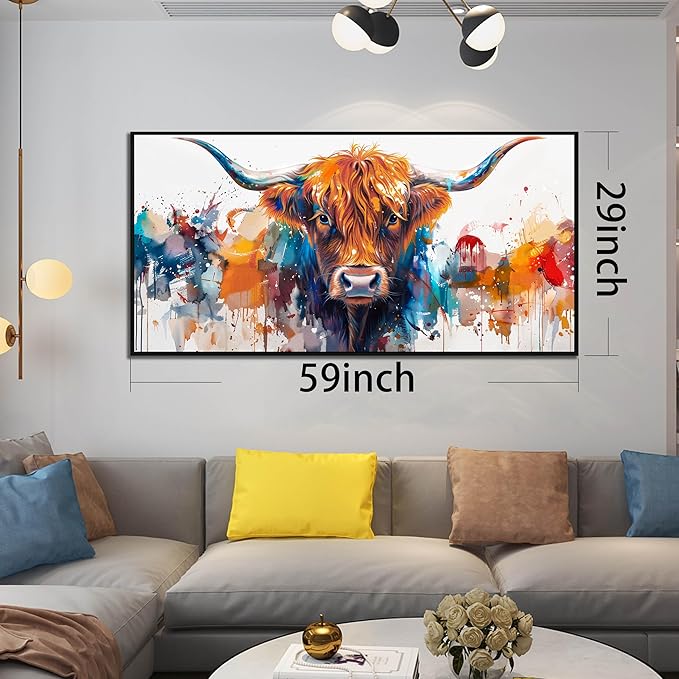 ZHAOSHOP Highland Cow Pictures Wall Decor for Living Room - Graffiti Wall Art for Office - Framed Canvas Wall Art for Bedroom Size 29" x 59"