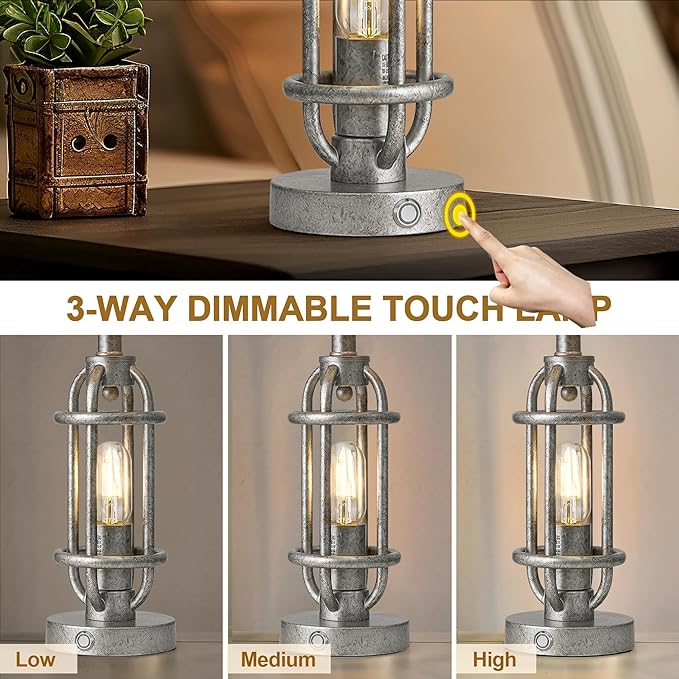 23.75'' Table Lamps Set of 2 for Living Room Bedroom Industrial Farmhouse Metal Touch Lamps with USB A+C Ports, Night Light Vintage Nightstand Bedside Lamp, Bulbs Included, Antique Silver