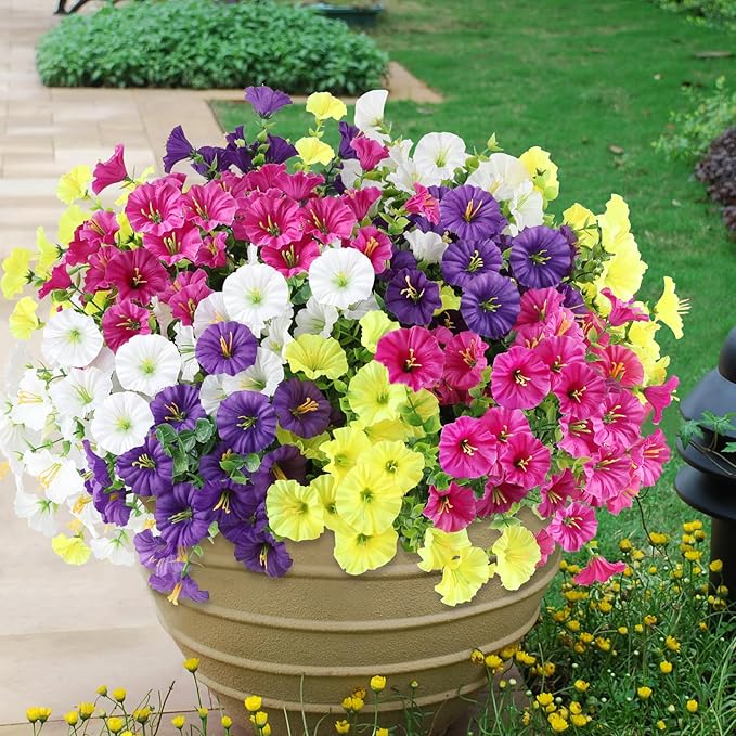 12PCS Artificial Flowers for Outdoor Decorations, Realistic Faux Silk Petunia Flowers for Outside, Fake Plants Morning Glory with Eucalyptus Porch Patio Planters Window Boxes Decor
