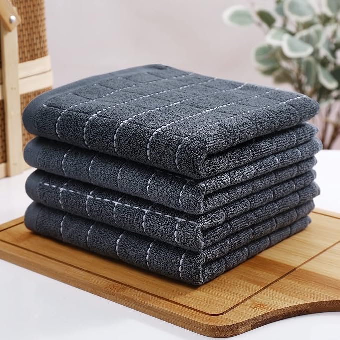 Homaxy 100% Cotton Terry Kitchen Towels(Dark Grey, 13 x 28 inches), Checkered Designed, Soft and Super Absorbent Dish Towels, 8 Pack