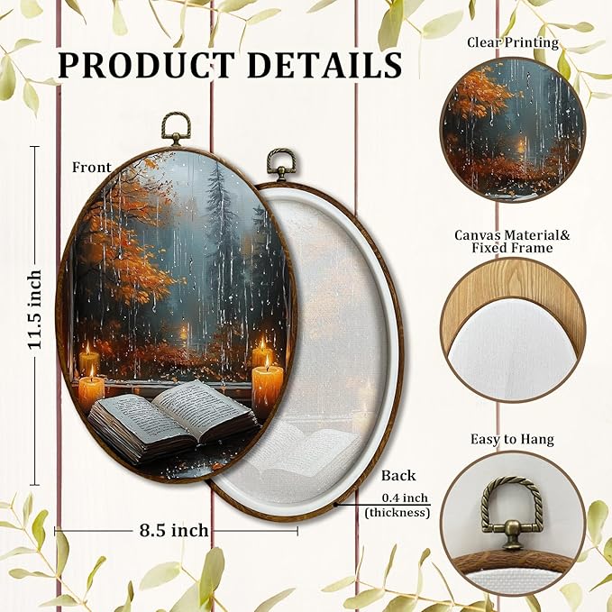 JQF Dark Academia Fall Rainy Oval Wall Art, Cottagecore Rainy Fall Candle Oval Canvas Wall Art, Dark Academia Bookish Framed Prints Hanging Decor for Home Bedroom Reading Room Library, 8.5x11.5 Inch