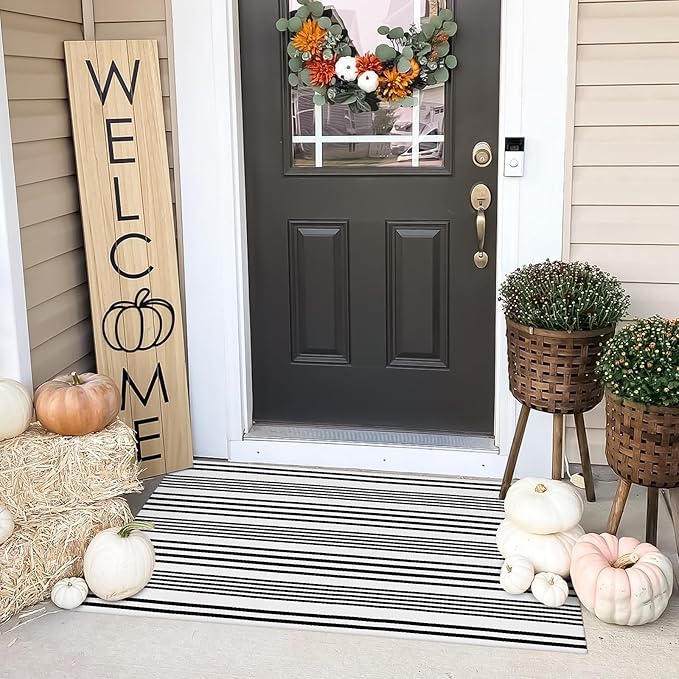 OJIA Front Door Rugs Indoor 27.5x43 Inches, Black and White Striped Outdoor Rugs Porch Rug Cotton Woven Entryway Rug Machine Washable Door Mats for Porch/Farmhouse/Kitchen