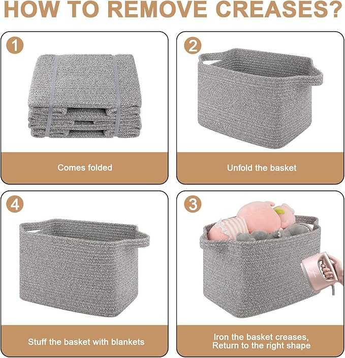 OIAHOMY Storage Basket, Woven Baskets for Storage, Cotton Rope Basket for toys,Towel Baskets for Bathroom - Pack of 3, Light Grey