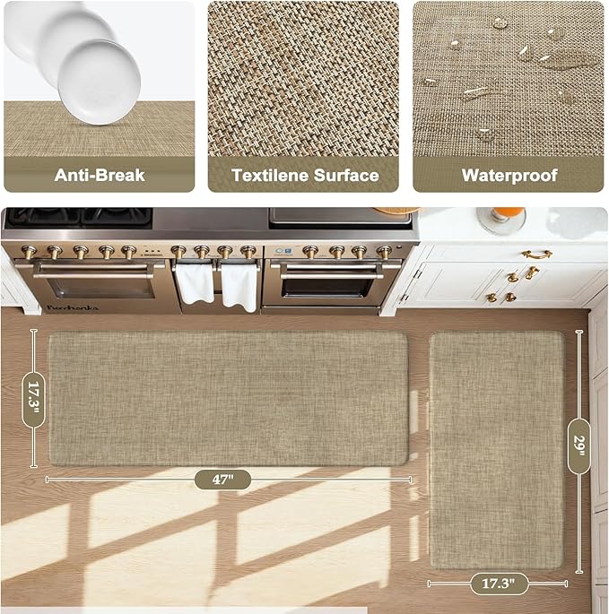 KIMODE Anti Fatigue Kitchen Mats, 17"x47"+17"x29" Farmhouse Kitchen Rugs Sets of 2, Non Slip Kitchen Mats for Floor, Cushioned Kitchen Floor Mats for Sink Laundry Office Desk Light Brown