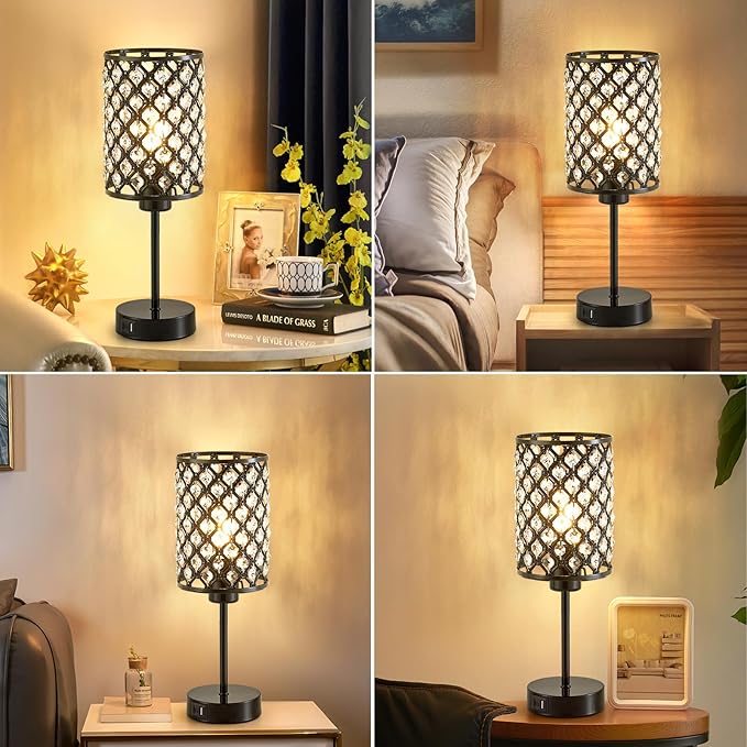 GyroVu Crystal Table Lamp, Black Lamp for Bedroom Nightstand with USB C+A Ports, 3 Way Dimmable Touch Lamp with Crystal Shade, Bedside Lamp Small Lamp for Bedroom, Living Room, Office (Buld Included)