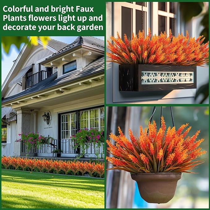 Artificial Fall Flowers for Outdoor Plants 12 Bundles Fake Lavender Plastic Faux Monkey Grass for Verandah Window Garden Office Patio Front Porch UV Resistant for Planter(Autumn Orange)