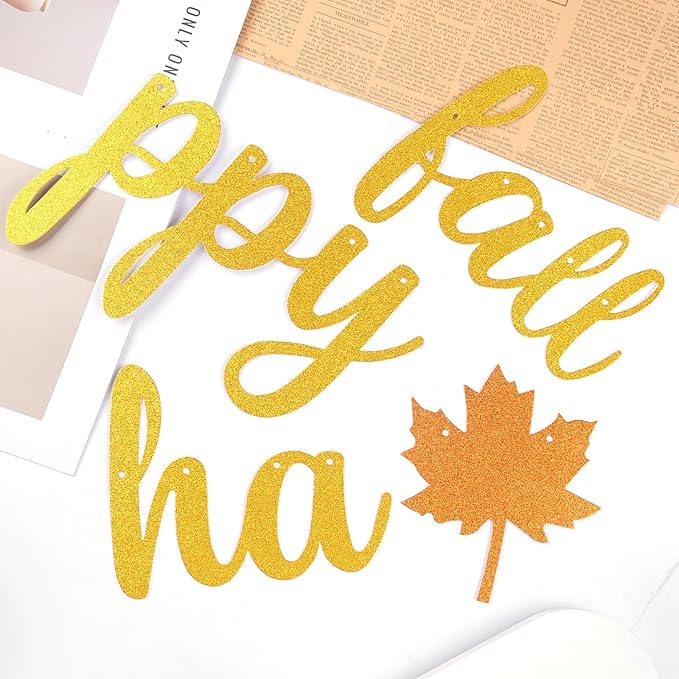 Totelux Happy Fall Banner Decoration Glitter Maple Leaf Sign Gold Orange Autumn Hanging Banner for Wall Home Office Decor Thanksgiving Party Supplies