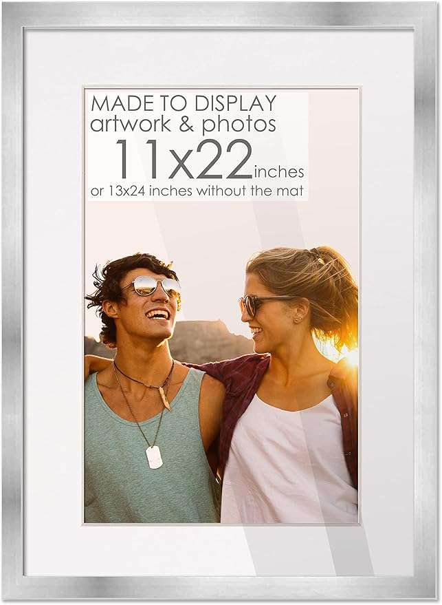 11x22 Frame Silver Wood with White Mat | 13x24 Frame Matted to 11x22 | Display Your Poster Under UV Acrylic Shatter Guard Front, with Foam Board Backing and Wall Hanging Hardware - Solid Wood Frame