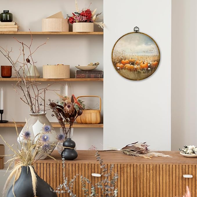 Mcehtle Vintage Fall Pumpkin Wall Art Decor, Rustic Autumn Wildflower Field Landscape Framed Canvas Prints 10x10, Countr Farmhouse Round Wall Hanging Artwork Decorations for Bedroom Living Room Home