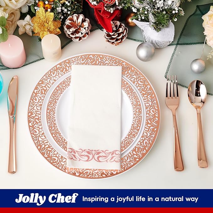 ๐ฎ๐ญ๐ฌ Count Rose Gold Plastic Dinnerware Disposable Plates 30 Dinner & 30 Dessert Plates & 30 Cups & 30 Rose Gold Paper Napkins & 30 Plastic Silverware Set