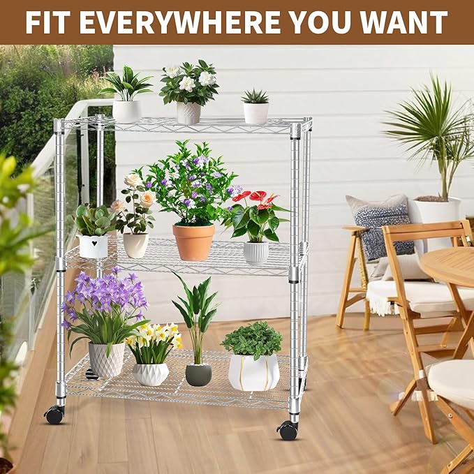 Whitmor 3 Tier Storage Shelving, Heavy Duty with Wheels, Adjustable Steel Organizer, 400 lbs Capacity per Shelf, Max 1200 lbs Total for Garage, Kitchen, Bathroom, 24" L x 14" W x 20" H, Chrome