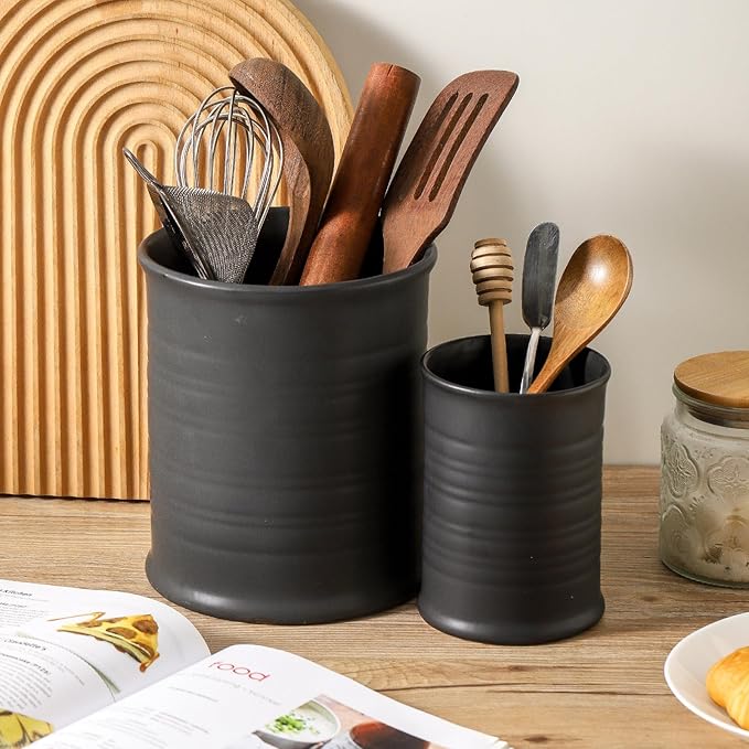 Nihow Utensil Holder: 7.2"+6.4" Ceramic Kitchen Utensil Holder for Countertop, Large Cooking Utensil Crocks for Kitchen Counter, Morden Utensil Organizer for Spatula, Set of 2, Elegant Matte Black