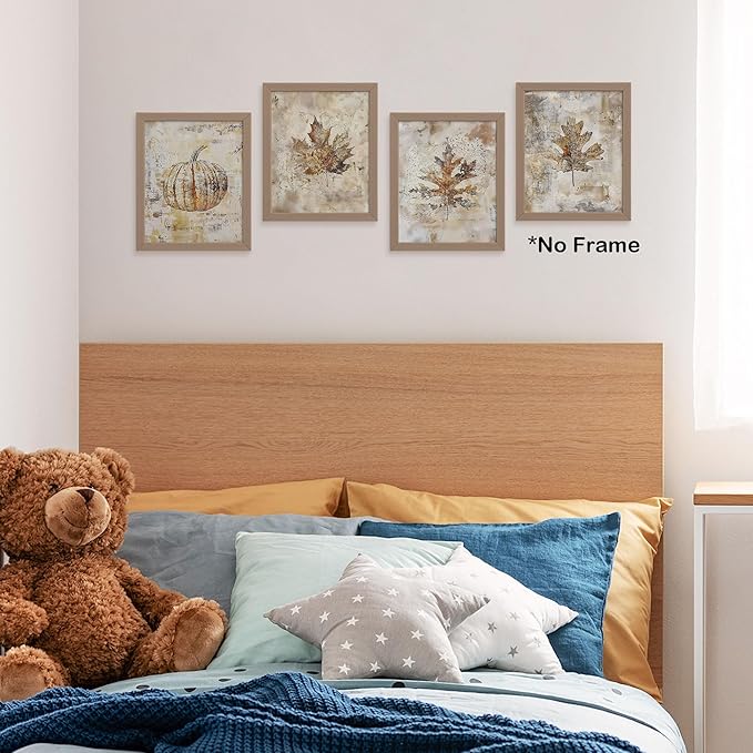 TLESKE Vintage Fall Leaves Pumpkin Posters Prints Unframed 8x10 Set of 4, Autumn Rutsic Maple Oak Leaf Wall Art Prints Decor for Farmhouse Bedroom Living Room, Thanksgiving Wall Pictures