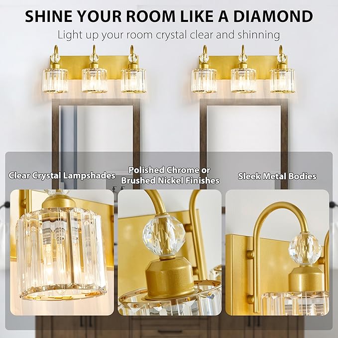 Bathroom Vanity Light Fixtures Over Mirror - Makeup Lighting Pure Gold - for Modern Wall, Bath, Desk, Farmhouse, Hallway 3 Crystal Lights