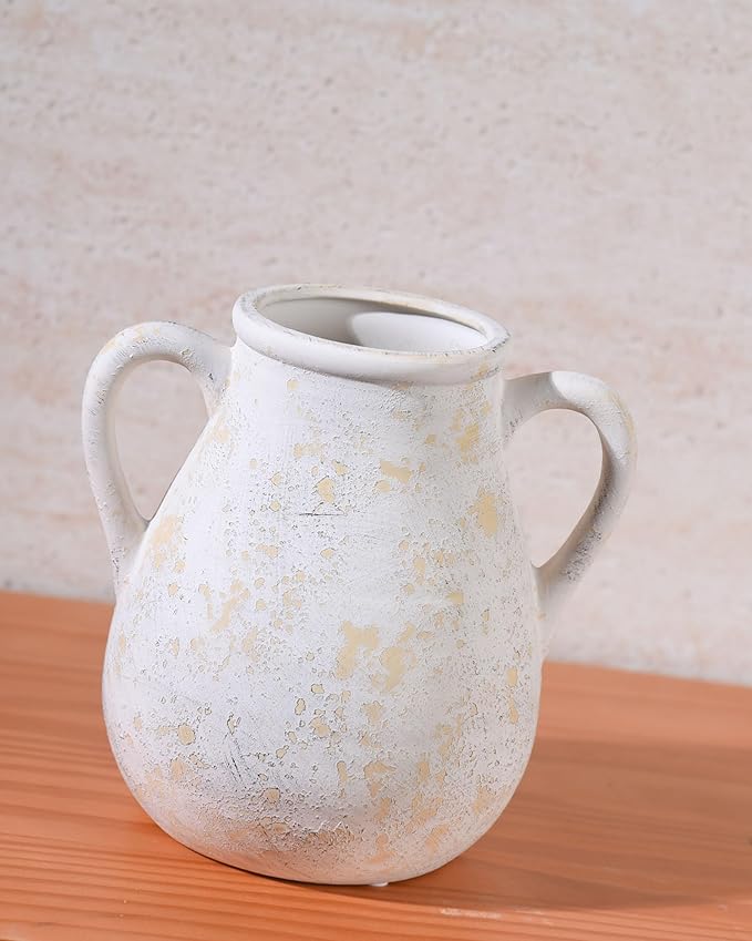 Beige Ceramic Vase Set of 3, Handmade Rustic Farmhouse Vases with Handles, Glazed Interior, Aged Eroded Texture Finish, Boho Home Decor for Table, Shelf, Mantel, Flower Arrangement