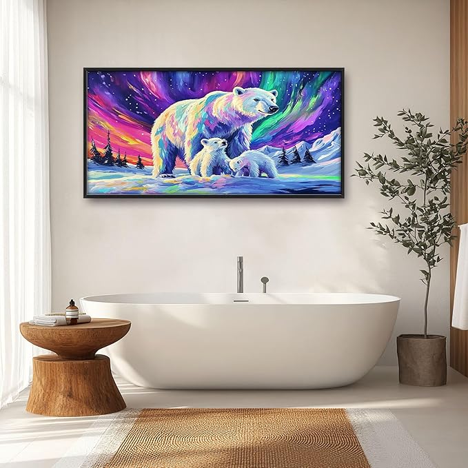 Polar Bear Large Wall Art for Living Room Framed, White Bear Wall Decor Pictures, Aurora Canvas Print Painting, Aesthetic Artwork Bedroom Office Home Decor 60"x30"