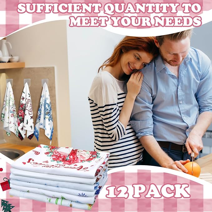 12 Pcs Seasonal Kitchen Towels Set for All Holidays Hand Dish Tea Towels Fall Halloween Christmas Cute Drying Dishcloths Decorative Absorbent Wash Cloths(Flower Style)