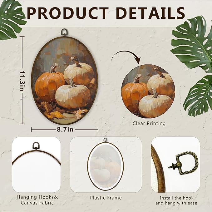 Gnmduw Vintage Fall Pumpkin Oval Wall Art Framed,Fall Cottagecore Pumpkin Canvas Prints Hanging Decor,Retro Thanksgiving Fall Farmhouse Wall Decor for Farmhouse Living Room Bedroom, 8.7x11.3 In