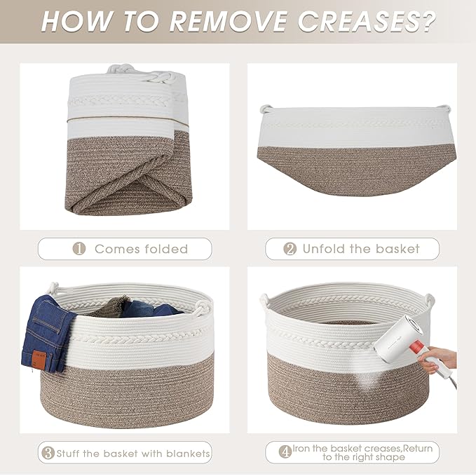 Laundry Basket,20''x13''Woven Cotton Rope Laundry Hamper,Blanket Basket for Living Room;Toy storage;Woven basket;Nursery Storage Bin,Nursery hamper,Boho Room Decor (White+Brown)