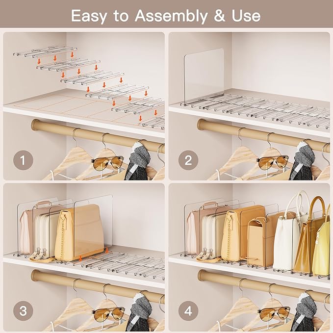 Criusia Adjustable Closet Purse Organizer Rack – 28.8" Extra-Long Shelf Divider with 6 Base Panels & 8 Dividers – Non-Slip Handbag Holder for Bags, Clothes, Kitchen, Office