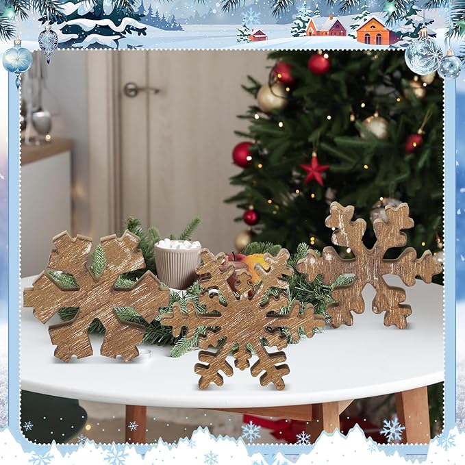 Bucherry 3 Pcs Winter Wooden Snowflake Decor Rustic Winter Snowflake Table Signs Wonderland Wood Blocks Farmhouse Christmas Tiered Tray Decorations for Xmas Table Shelf(Wood Colors)