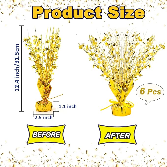 6 Pack Metallic Foil Spray Centerpiece Star Table Decoration Burst Table Centerpieces for Birthday Wedding Anniversary Graduation Holiday Party Supplies Decor, Gold
