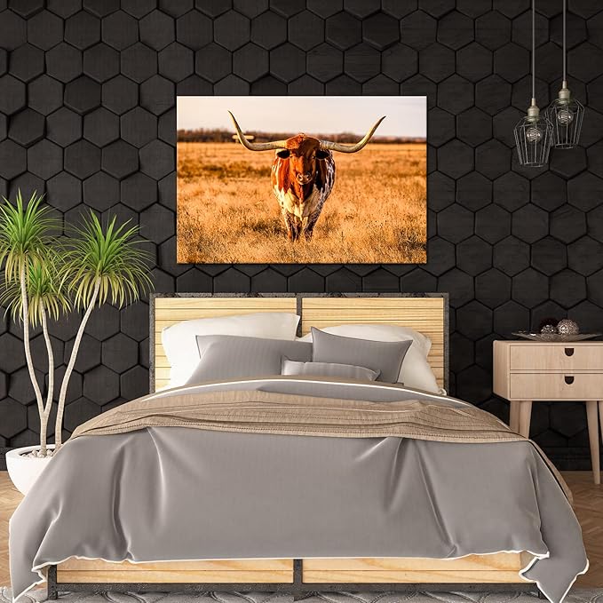 Longhorn Canvas Wall Art Highland Cattle in Sunset Picture Prints Farm Animal Cow in Autumn Grassland Prairie Painting Modern Home Farmhouse Decoration Giclee Artwork Framed 32x48inch