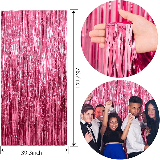 5 Pack Foil Curtain Backdrop Pink Metallic Tinsel Foil Fringe Curtains Photo Booth Props for Birthday Wedding Engagement Baby Shower Bachelorette Christmas Holiday Celebration Party Decorations