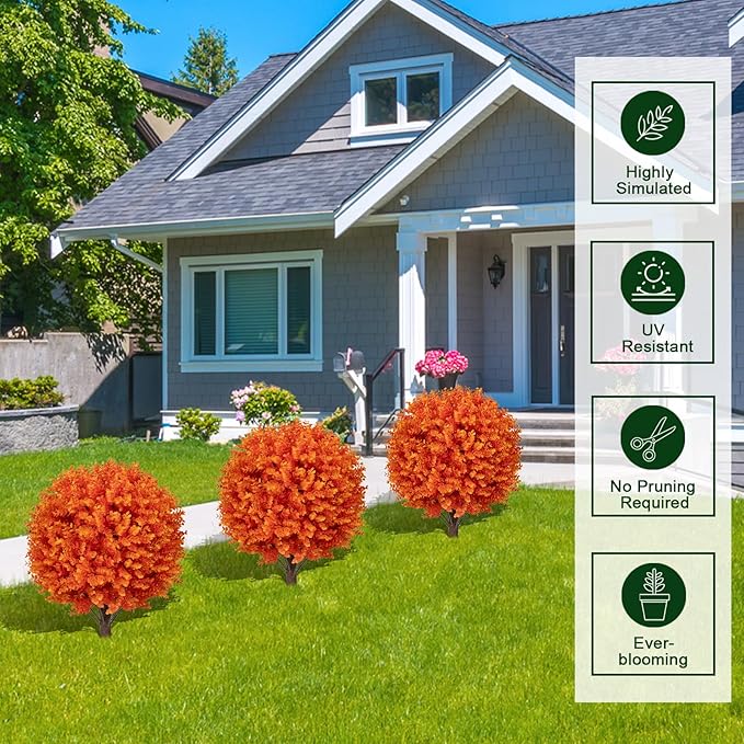 Artificial Orange Boxwood Topiary Ball Bush for Outdoor with Spike, Set of 2 UV Resistant Fall Faux Plant Boxwood Ball Tree with Stake Weatherproof Fake Round Topiary Shrub for Front Porch