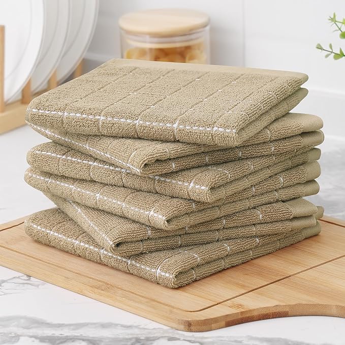 Homaxy 100% Cotton Terry Kitchen Dish Cloths, Ultra Soft and Absorbent Dish Towels for Kitchen, Perfect for Drying and Washing Dishes, 8 Pack, 12 x 12 Inches, Tan