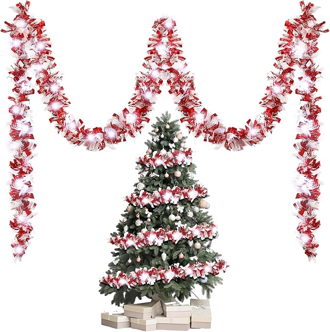 Kingdder 16.4 ft Christmas Tinsel Garland Lighted Metallic Twist Garland with 50 LED Lights Hanging Prelit Xmas Battery Operated Foil Tinsel for Christmas Tree Party Mantel