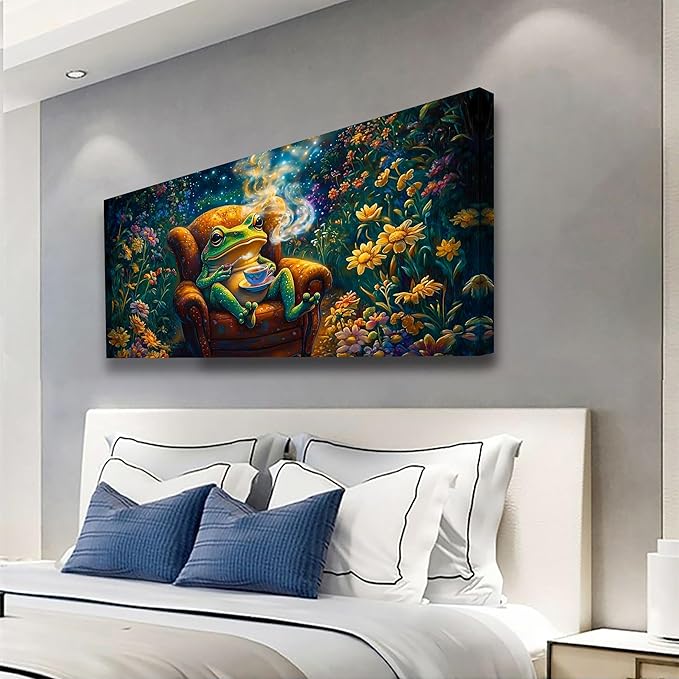 Garden Frog Sipping Tea Picture Print Canvas Wall Art Living Room Office Bedroom Wall Decoration Fantasy Wall Art Prints Modern Green Blue Landscape Artwork Waterproof Ready to Hang - 20x40 inches